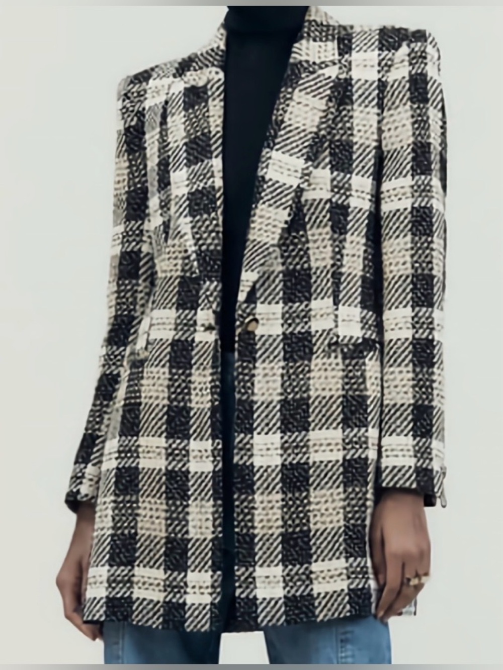 NWT Zara long textured tweed check cotton blend single button blazer coat L